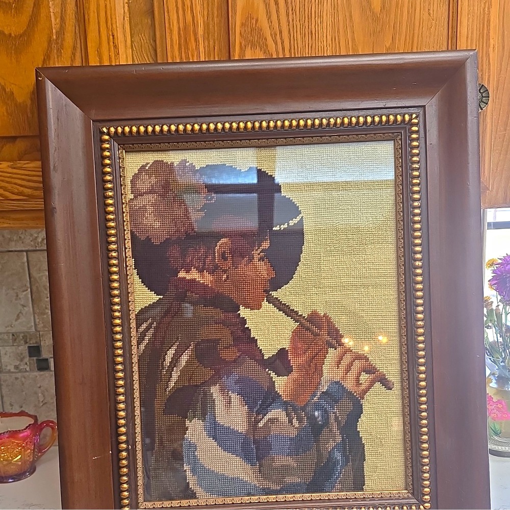 21X26Framed Needlepoint Wall Art Picture Boy Playing Flute Embroidery Artwork